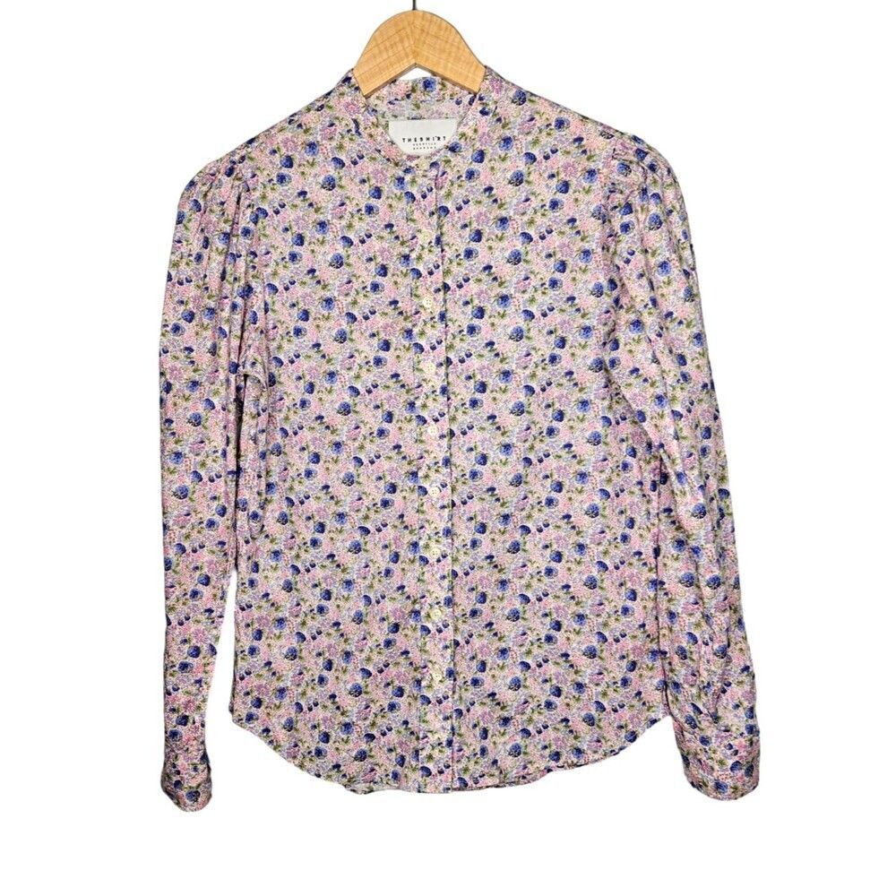 The SHIRT by ROCHELLE BEHRENS Button Up Top XS Cotton Mini Puff Shoulder Berries